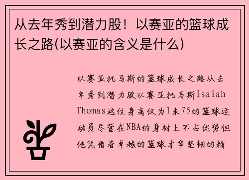 从去年秀到潜力股！以赛亚的篮球成长之路(以赛亚的含义是什么)