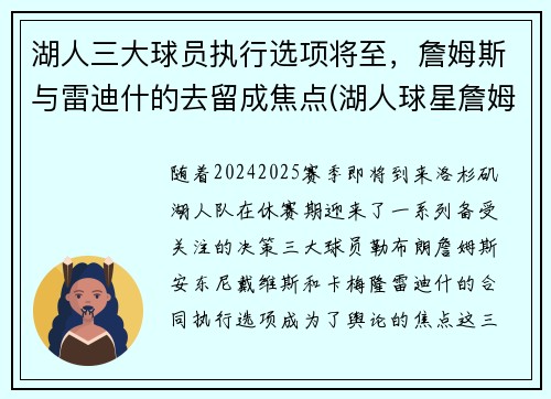 湖人三大球员执行选项将至，詹姆斯与雷迪什的去留成焦点(湖人球星詹姆斯)