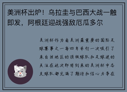 美洲杯出炉！乌拉圭与巴西大战一触即发，阿根廷迎战强敌厄瓜多尔